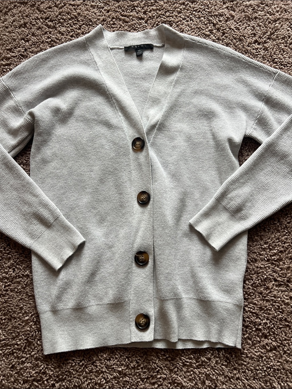 Light Heather Grey Women's Button V-Neck Waffle Knit Cardigan Sweater XS